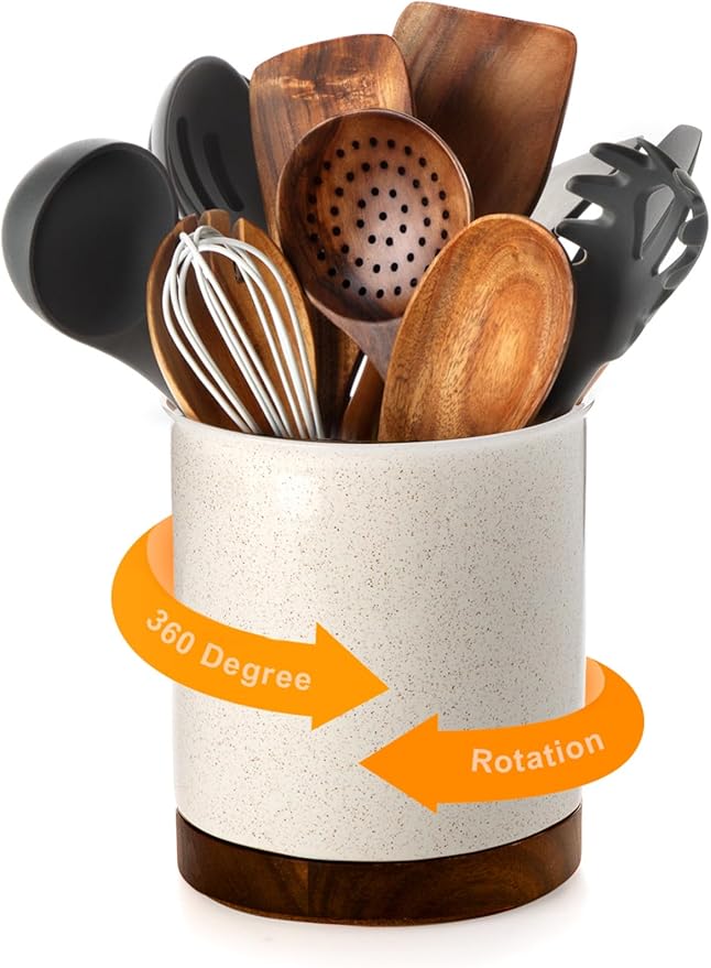 Nucookery 360°Rotating Utensil Holder, 7.2" Large Utensil Crock, White Ceramic Cooking Utensil Organizer,Farmhouse Kitchen Decor Christmas Thanksgiving Gift (Sand)