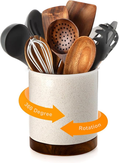 Nucookery 360°Rotating Utensil Holder, 7.2" Large Utensil Crock, White Ceramic Cooking Utensil Organizer,Farmhouse Kitchen Decor Christmas Thanksgiving Gift (Sand)
