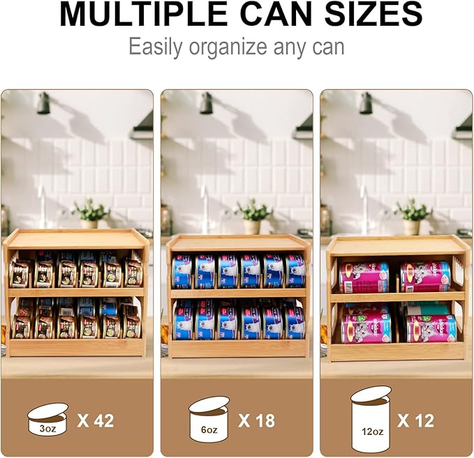Bamboo Can Organizer for Pantry, 2 Tier Canned Cat Food Organizer for Kitchen Counter, Cat Food Storage Holds up to 36 Cans, Can Rack Organizer for Human and Pet Food Cans, FIFO Design