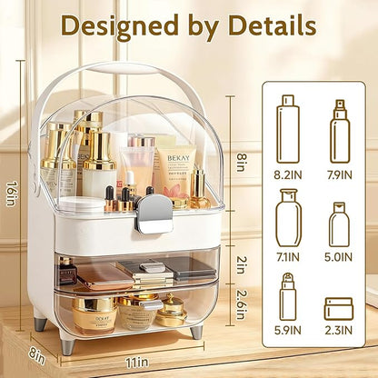 Makeup Organizer with Drawers-Cosmetic Display Case for Vanity|Skincare Organizer with 360 Rotating Brush Holder,Large Storage Box Dresser,Women Gifts Display Cases for Bathroom Countertop, Sliver