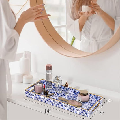 MAONAME Blue Decorative Tray, Plastic Serving Tray with Handles, Rectangular Moroccan Trays, Long Narrow Trays for Bathroom, Kitchen Counter, 13.8" X 6" X 1.57"