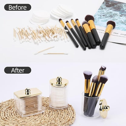 Tbestmax 3 Pack Qtips Dispenser - Bathroom Organizers and Storage Containers, Plastic Apothecary Jars with Gold Lids for Cotton Ball Swab Round Pads, Floss - Gold