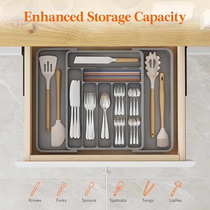 Lifewit Utensil Organizer for Kitchen Drawer, Expandable Cooking Silverware Tray, Adjustable Cutlery Flatware Holder, Plastic Spatula Tools Storage Divider, 11.8-19.6 x 15", Gray