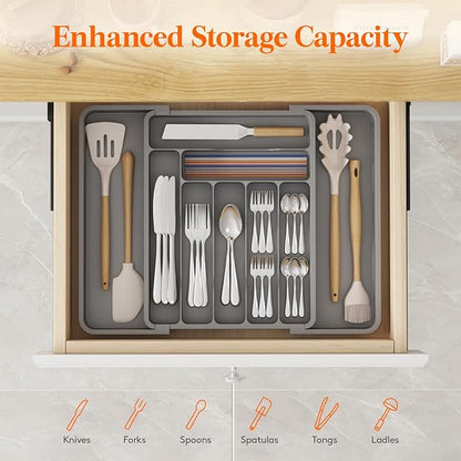 Lifewit Utensil Organizer for Kitchen Drawer, Expandable Cooking Silverware Tray, Adjustable Cutlery Flatware Holder, Plastic Spatula Tools Storage Divider, 11.8-19.6 x 15", Gray
