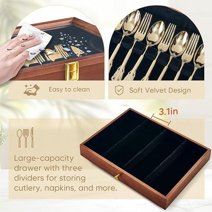 Silverware Storage Box, 3 Layers Wooden Silverware Box without Silverware, Flatware Storage Chest Case with Felt Lined Acrylic Lid and Handle for Kitchen Storing Fine Tableware, Walnut