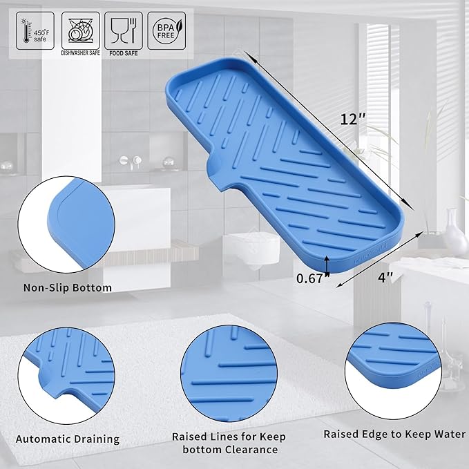 MicoYang Silicone Bathroom Soap Dishes with Drain Spout-Bathroom and Kitchen Sink Organizer,Sponge Holder,Dish Soap Tray,Perfect for Dispenser,Scrubber,Bottle,Cup on Sink or Counter-Lichen Blue 12"×4"