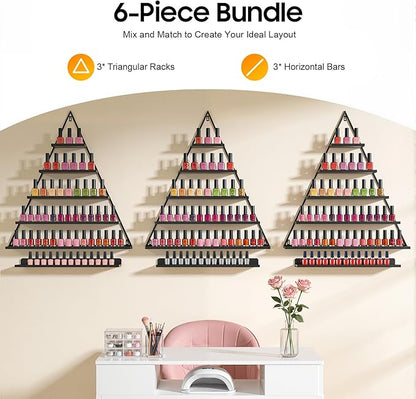 Elegant Gold Wall Mounted Nail Polish Rack - Set of 6 Triangular Cosmetic Display Shelves for Essential Oil Bottles, Organize Your Lipsticks and Perfumes in Style at Home or Salon (Black)