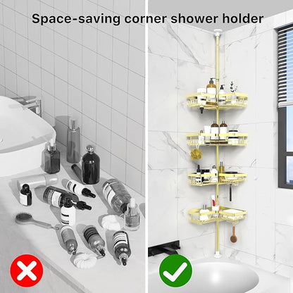 KEGII Corner Gold Shower Caddy Tension Pole - 4-Tier Rustproof Shower Rod Organizer, Floor to Ceiling Tension Rod 25-114.2 inch, Stainless Steel Corner Shower Shelf, Waterproof