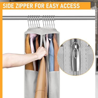 MISSLO 10" Gusseted Garment Bags for Hanging Clothes 40"+60" Clear Suit Bags for Closet Storage Dress Bag for Gowns Long Coat Protector, 3 Packs, Grey