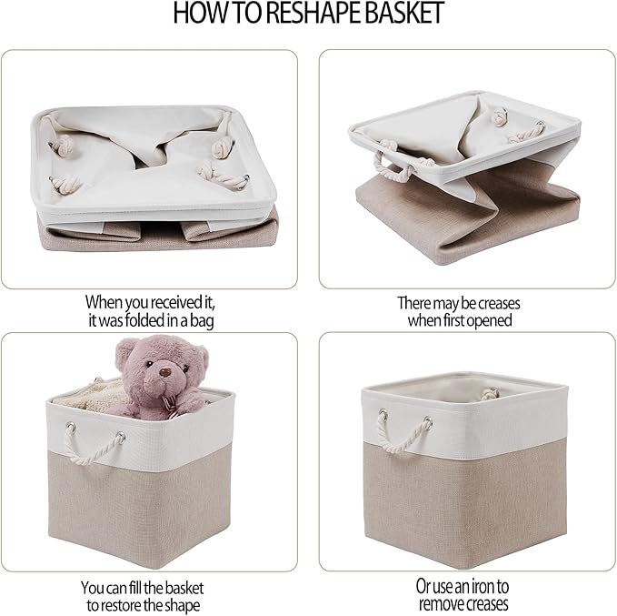 MidmmVick 11 x 11 Inch Cube Storage Bins, 6 Pack Large Collapsible Fabric Storage Bin with Ropes, Foldable Storage Cubes for Home, Office,Closet, Clothes, Toys Organizer (White & Beige-11"x11"x11")