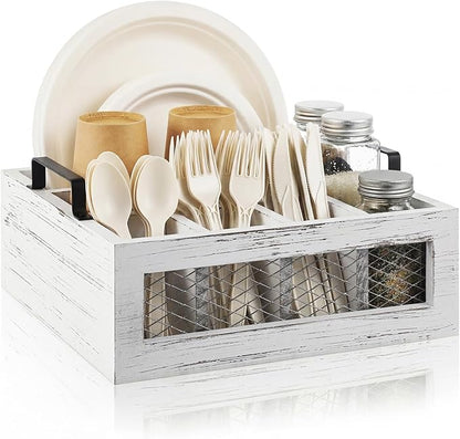 Mimorou Farmhouse Wooden Napkin Paper Plate and Utensil Holder Caddy Kitchen Utensil Holder Farmhouse Rustic Cutlery Flatware Organizer for Party Caddy Spoon Forks Napkins(Distressed White)