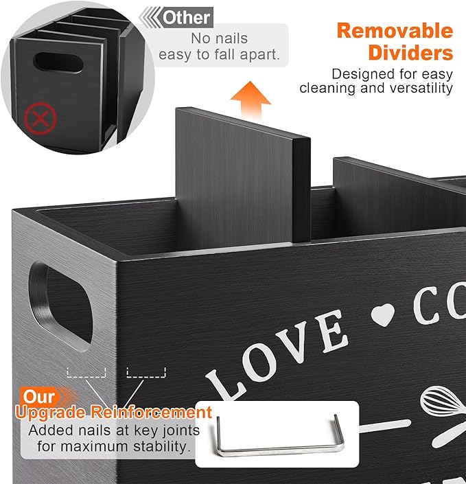 Extra Large Utensil Holder for Kitchen Counter with 4 Compartments, Kitchen Cooking Utensils Holder for Countertop,Black Wooden Utensil Caddy for Farmhouse Spatula,Cutlery,Wood Wall Mounted Organizer