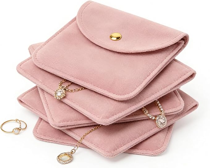 Velvet Jewelry Pouch, Pink, Gold Snap Closure, Small Travel Storage Case（10 Pack 3 * 3）