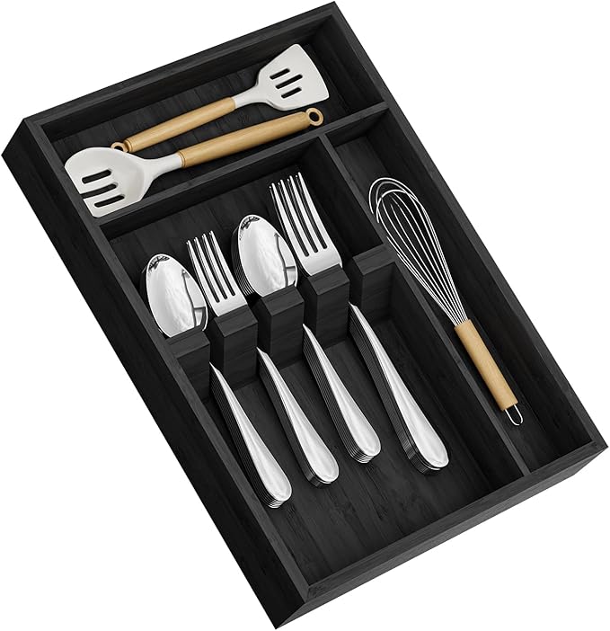 Yofidra Bamboo Silverware Organizer, 13.8 x 9.84 x 1.96 Inches Kitchen Utensil Drawer Organizer, Silverware Tray for Drawer with Fixed Slots for Spoons, Forks & Knives, Natural (Black)