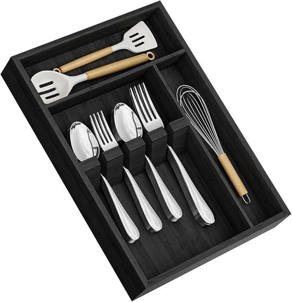 Yofidra Bamboo Silverware Organizer, 13.8 x 9.84 x 1.96 Inches Kitchen Utensil Drawer Organizer, Silverware Tray for Drawer with Fixed Slots for Spoons, Forks & Knives, Natural (Black)