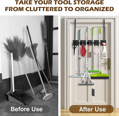 Mop and Broom Holder Over the Door, Wood Broom Hanger, Broom and Mop Organizer with 4 Slots and 7 Hooks, Drilling-Free Mop and Broom Holder for Garage, Laundry Room, Broom Hanger and Storage Tool