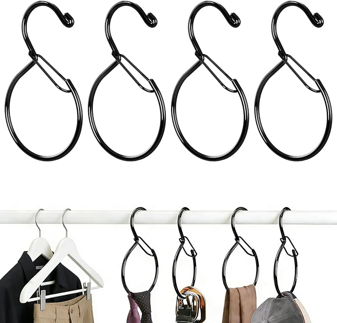 4 Pack Belt Hanger for Closet, Multipurpose Closet Hanger with S Hook, Rust-Resistant Metal Belt Organizer & Tie Rack for Belts, Ties, Scarves, Hats, Bags, Space Saving Wardrobe Storage (Black)