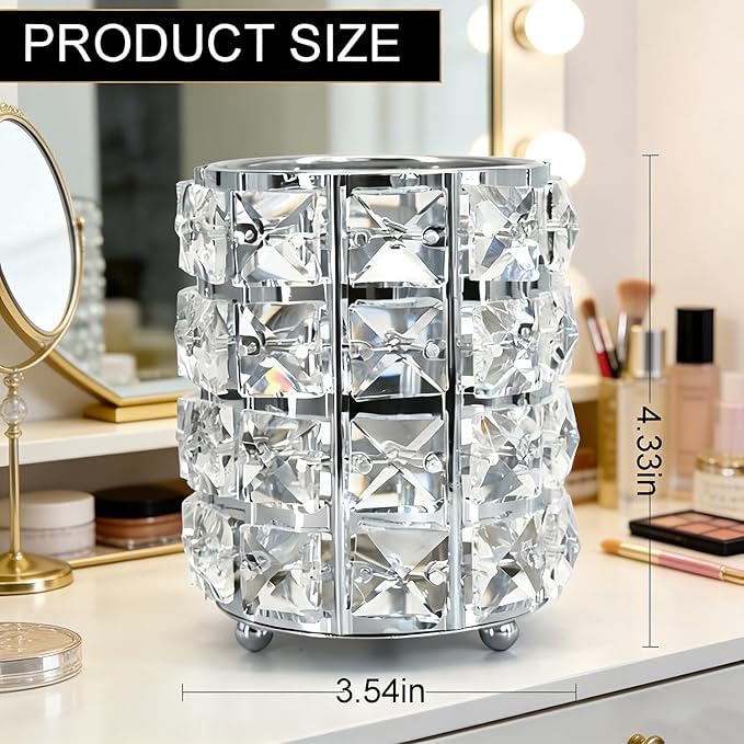 Makeup Brush Holder Organizer Crystal Bling Cosmetic Storage Box for Brushes, Combs & Pens, Candle Holder Container（Silver）