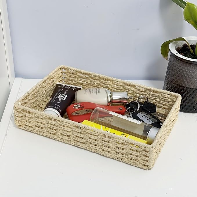 Storage Basket, Small Woven Paper Rope Basket for Drawer, Shelf & Closet Organization, Beige