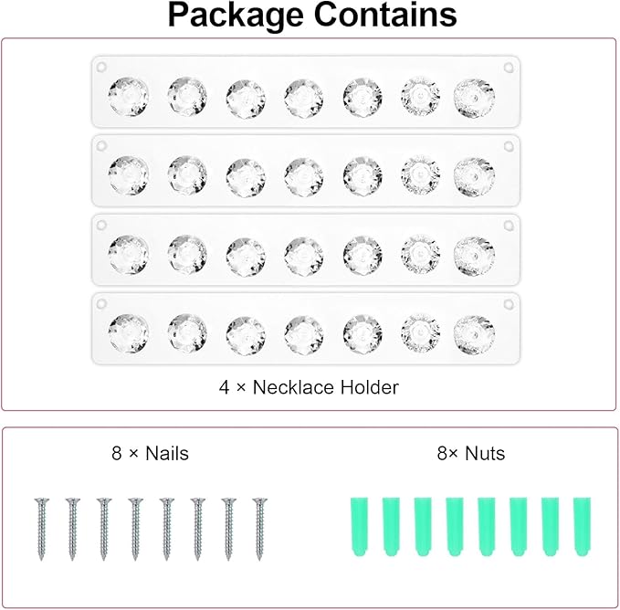 4Pcs Wall Necklace Holder for Women, Hanging Jewelry Organizer Wall Mount Crystal Holder Necklace Wall Hanger, Acrylic Bracelet Holder Organizer Jewelry Rack Adhesive Hooks Necklace Storage