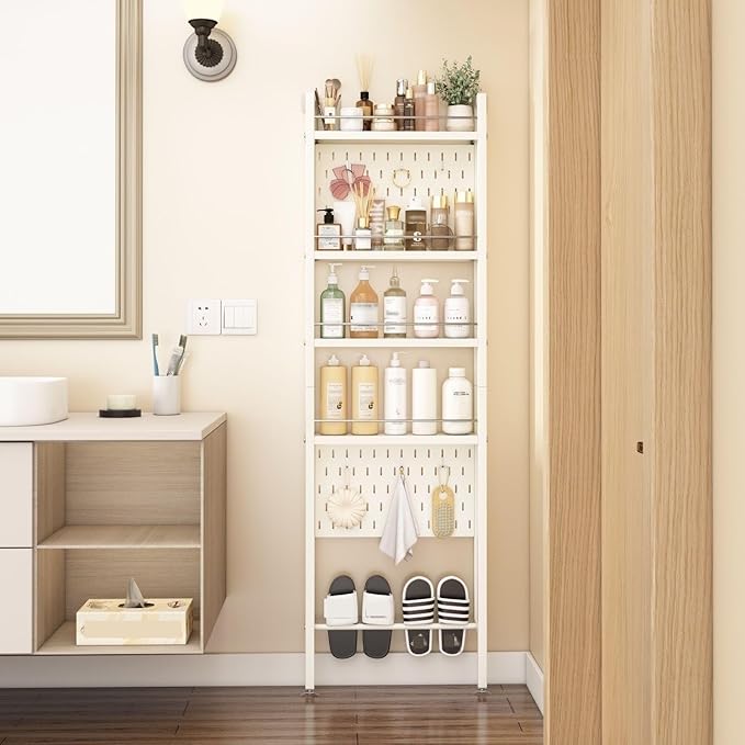 5 Tier Ultra Thin Behind Door Storage Rack Metal Organizer Narrow Storage Cabinet for Bathroom Entryway Lightweight(White)