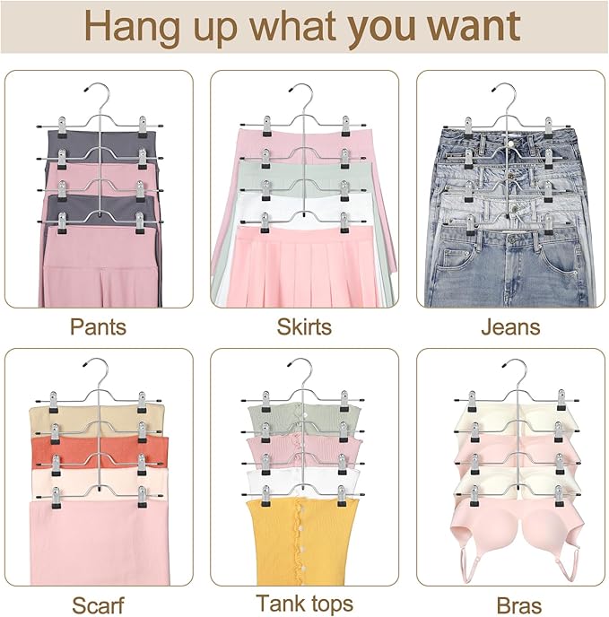 TOPIA HANGER 4 Tier Metal Skirt Hangers for Women, Pants Hanger Space Saving with Adjustable Clips, Gain 70% More Space, Non Slip Grip for Slacks, Trousers, Shorts, Jeans, Towels, Black, 3-Pack, CT24B