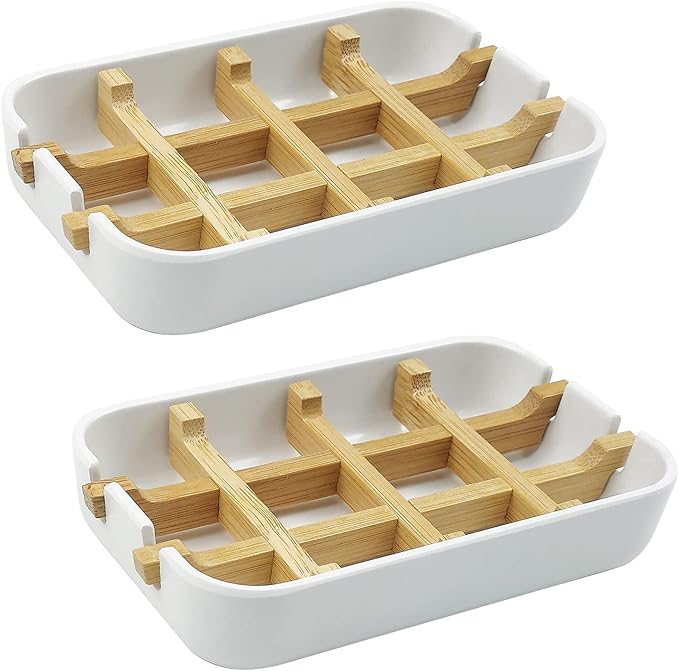 2 Pack Bamboo Soap Dish, Self-Draining Soap Box, Wooden Bamboo Bar Soap Holder for Shower, Bathroom, Kitchen, Bathtub, Bar Sink (White)