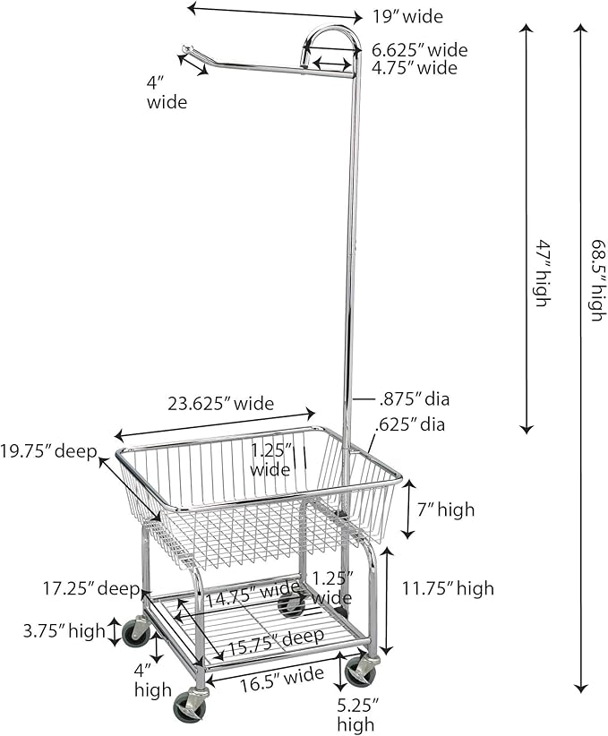 Household Essentials 6028-1 Rolling Laundry Cart with Hanging Bar - Chrome Finish, STORAGE, Metallic