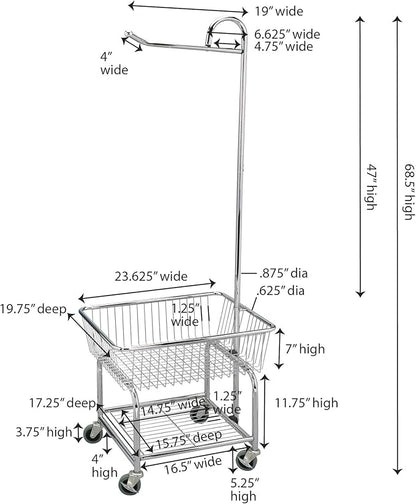 Household Essentials 6028-1 Rolling Laundry Cart with Hanging Bar - Chrome Finish, STORAGE, Metallic