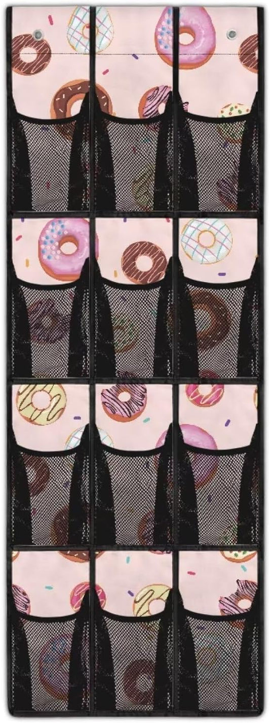 Shoe Organizer Over The Door 12 Pockets Pink Door Hanger Organizer Bathroom Mesh Fabric Donuts Shoe Holder Hanger for Living Room Space Saving Wall Hanging Storage