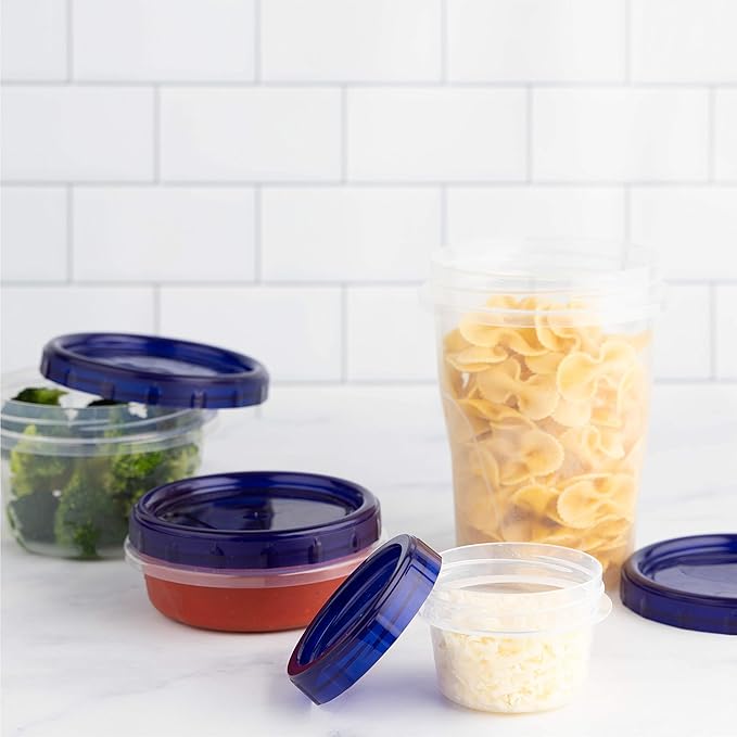PLASTICPRO [4 oz 12 Pack] Twist Top Deli Containers Clear bottom With blue Top Twist on Lids Reusable, Stackable, Food Storage Freezer Container