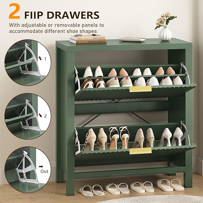 YOMILUVE Fluted Shoe Storage Cabinet with 2 Flip Drawers, Freestanding Shoe Organizer, Hidden Slim Narrow Shoe Rack for Entryway, Hallway, Green