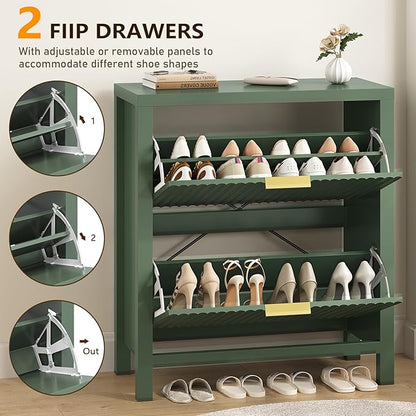 YOMILUVE Fluted Shoe Storage Cabinet with 2 Flip Drawers, Freestanding Shoe Organizer, Hidden Slim Narrow Shoe Rack for Entryway, Hallway, Green