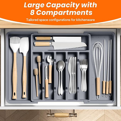 RoomHacks Large Silverware Organizer,Expandable Utensil Drawer Organizer,BPA Free Utensil Holder,Adjustable Silverware Tray Cutlery Drawer Organizer for Kitchen Flatware,Large,Grey (6-8 Slots)