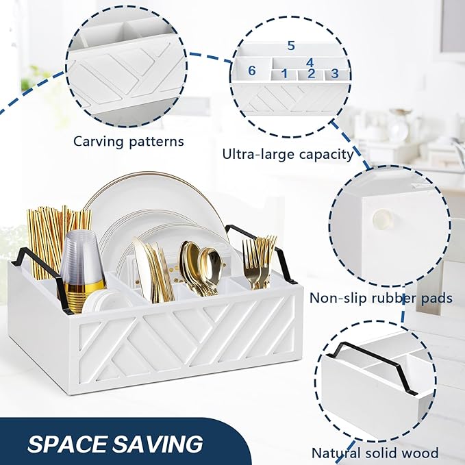 Ukonvi Paper Plate Dispenser and Holder for Kitchen Counter, Wood Rustic Silverware Utensil Caddy, Cutlery Flatware Organizer Box for Cups Spoons Forks Napkins, Kitchen Accessories