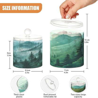 2 Pack Qtip Dispenser Apothecary Jars with Lids Cotton Round Holder Bathroom Canisters for Cotton Swab Floss Ball Pads Clear Plastic Decorative Mountain Forest Trees Green