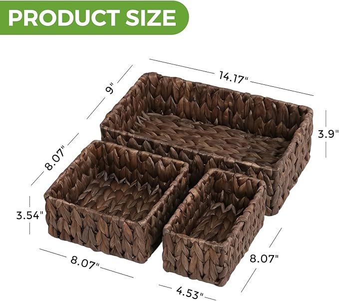 Wicker Storage Baskets Set of 3, Handwoven Water Hyacinth Baskets for Organizing, Large and Small Wicker Baskets Set, Decorative Natural Woven Baskets 3Pack for Pantry Shelves, Dark Brown
