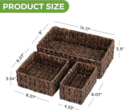 Wicker Storage Baskets Set of 3, Handwoven Water Hyacinth Baskets for Organizing, Large and Small Wicker Baskets Set, Decorative Natural Woven Baskets 3Pack for Pantry Shelves, Dark Brown