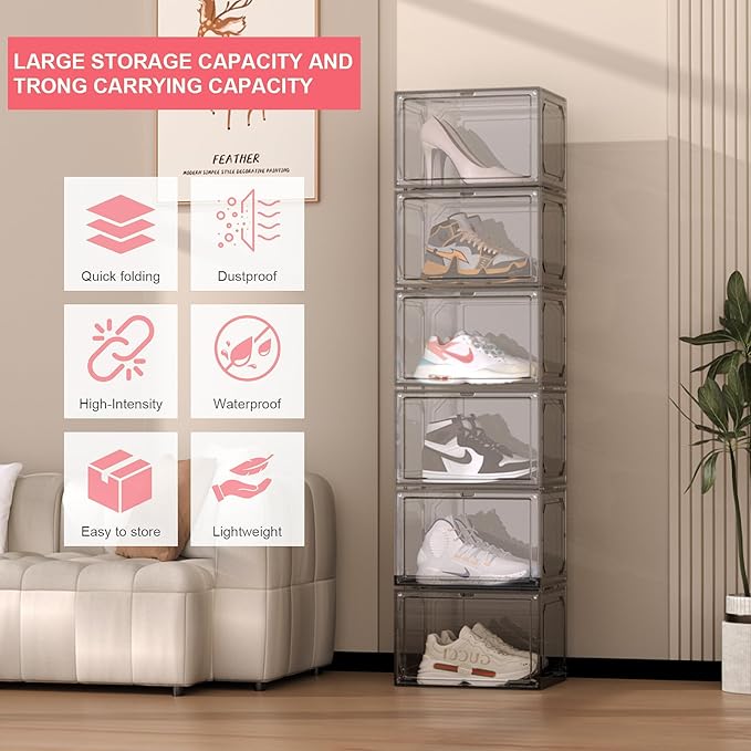Shoe Box,Set of 6,Stackable Plastic Clear Shoe Box Organizer with Magnetic Door,Shoe Storage Box Thicken Sturdy,Easy Assembly,Fit up to US Size(Side opening door, Black)