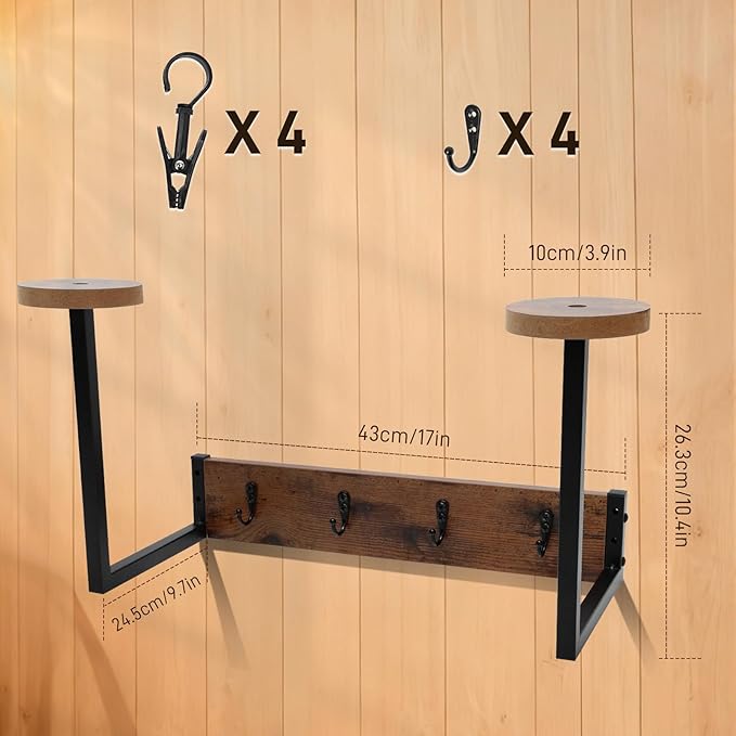 Cowboy Hat Rack For Wall, Rustic Helmet Holder with 2 Wooden Hat Stands, 4 Metal Hooks and 4 Clips for Jacket Organization, Western Home Decor Shelf for Closet, Horse Trailer, Entryway, Bedroom