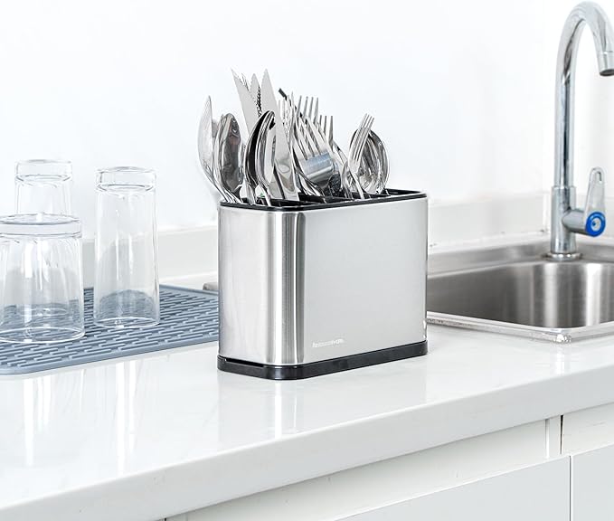 Restaurantware Stainless Steel Utensil Holder 1 Count 7 x 3.3 x 5.1 Inches Durable Cutlery Storage Flatware Organizer Rust-Resistant Sink Caddy Silver Kitchenware Holder