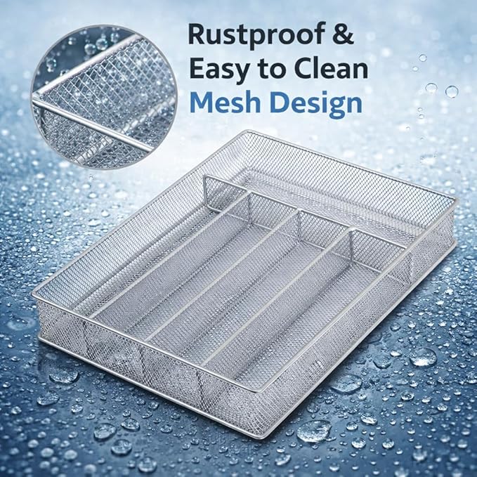Ybm Home Silver Mesh Cutlery Holder In-drawer Utensil Flatware Organizer/tray size 12-1/2 By 9-1/4 By 2 Inches (5-compartment)