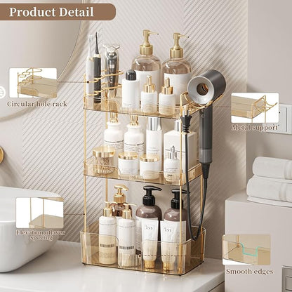 Akinbas 3 Tier Bathroom Organizer Countertop Makeup Perfume Tray Skincare Organizer Comes with Hair Dryer Rack and Toothbrush Holder for Bathroom Dresser Vanity (Gold)