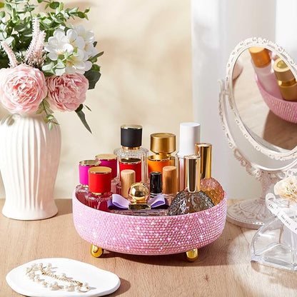 Honeydak Pink Bling Perfume Makeup Organizer Bling Mother's Day Nurses Day Gifts for Women Bathroom Organizers and Storage 360 Rotating Makeup Organizer for Countertop(Resin Stone)
