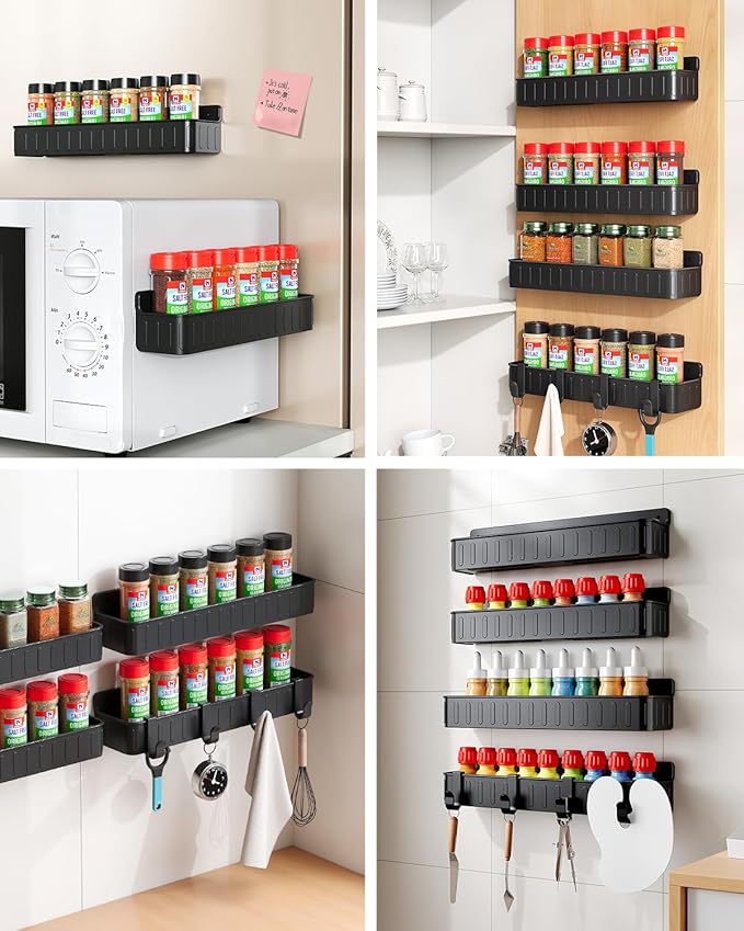Nieifi Spice Rack Wall Mount, 4 Pack, Grey, 2 Inch Wide, Screw or Adhesive Installation, Spice Rack Organizer for Small Spice Jars, Suitable for Kitchen Cabinet or Pantry Door