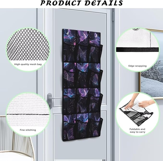 Shoe Organizer Door Hanger,Dreamy Butterfly Design Storage for Small Spaces,Over the Door Shoe Organizer with 12 Mesh Large Pockets Waterproof Reusable