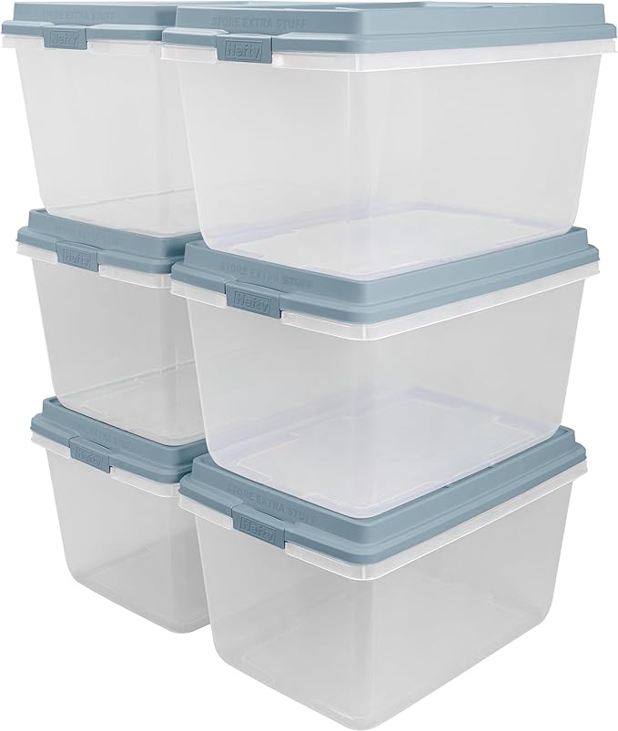 Hefty HI-RISE Stackable Storage Bins - Under Bed Storage Containers with Lids, Shoe Organizer, Plastic Storage Bins, Clear Shoe Boxes with XL Lid-Locking Latches, Durable Double Rim - 72qt (6 Pack)