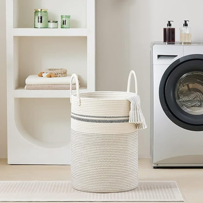 VIPOSCO Large Laundry Hamper, Tall Woven Rope Storage Basket for Blanket, Toys, Dirty Clothes in Living Room, Bathroom, Bedroom - 72L Stripe White