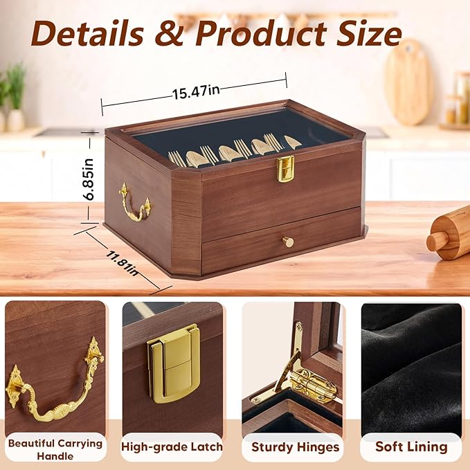Silverware Storage Box, 3 Layers Wooden Silverware Box without Silverware, Flatware Storage Chest Case with Felt Lined Acrylic Lid and Handle for Kitchen Storing Fine Tableware, Walnut