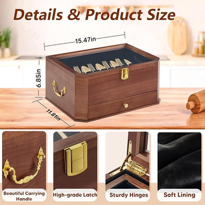 Silverware Storage Box, 3 Layers Wooden Silverware Box without Silverware, Flatware Storage Chest Case with Felt Lined Acrylic Lid and Handle for Kitchen Storing Fine Tableware, Walnut